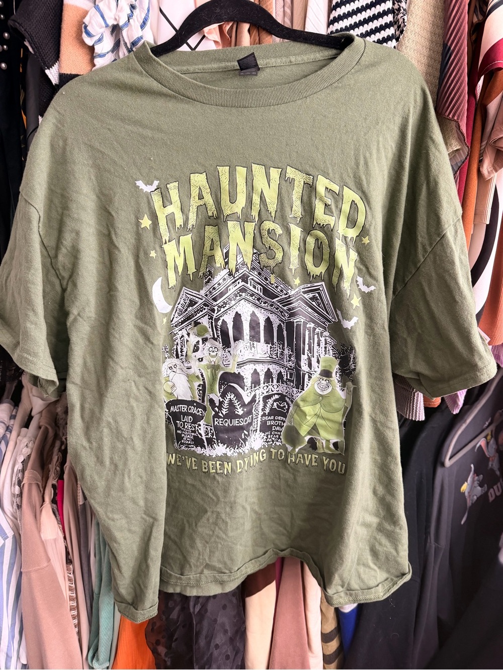 Gildan Olive Green Haunted Mansion Disney inspired Graphic Tee with Lime Print